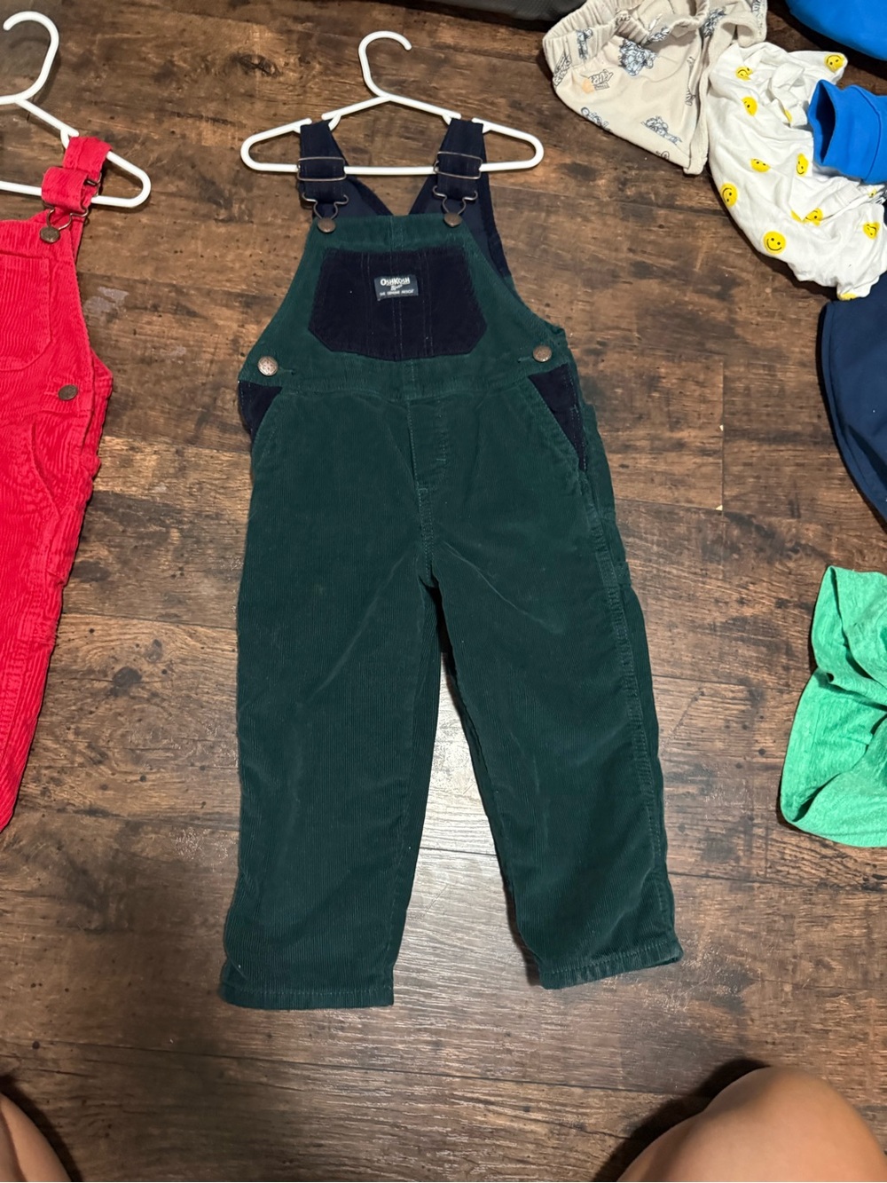 OshKosh B'gosh Dark Green Corduroy Kids Overalls with Navy Accents